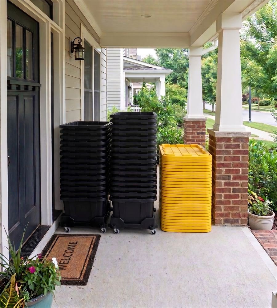 Stacks of empty black bins on rolling dollies, with their yellow lids, delivered to a front porch