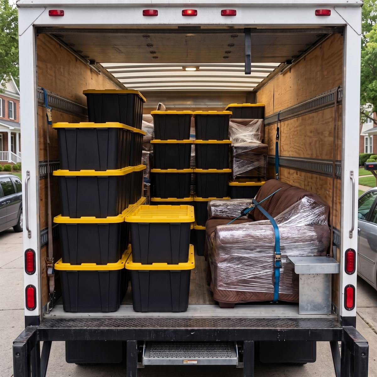 Black moving bins with yellow lids stacked in the back of a delivery truck