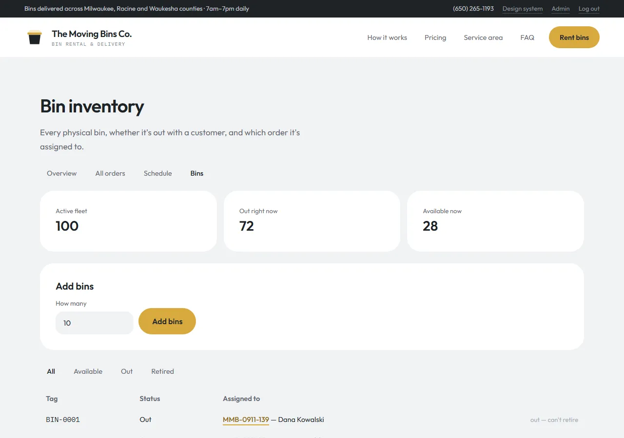 Admin bin inventory: fleet counts, an Add bins form, and a table of bin tags showing which order holds each one