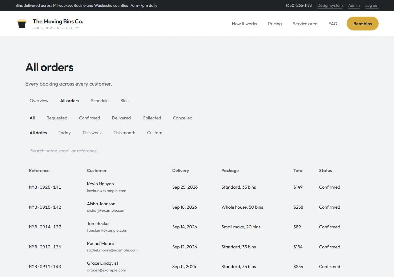 Admin order list with status and date filters, search, and a table of bookings