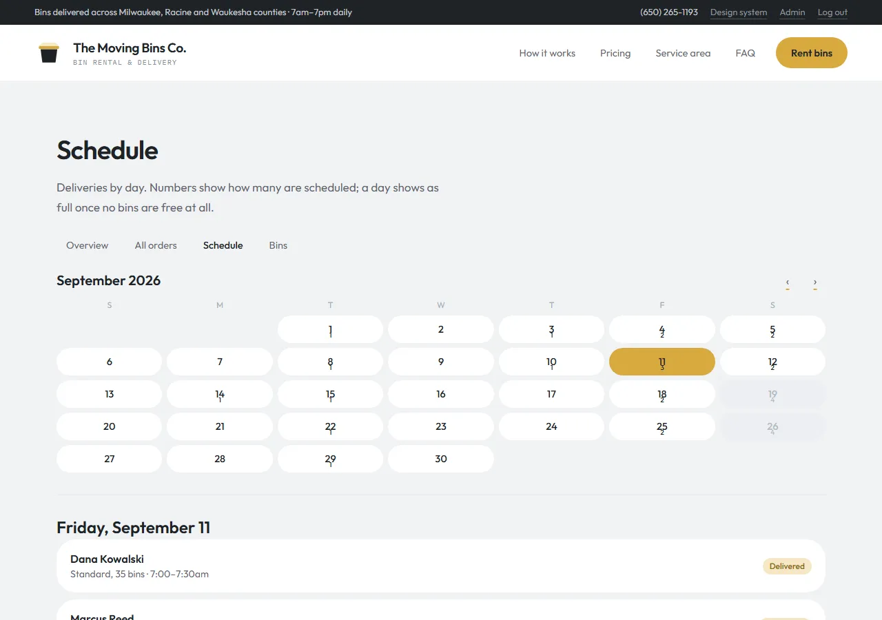 Admin schedule: a month calendar with the number of deliveries on each day