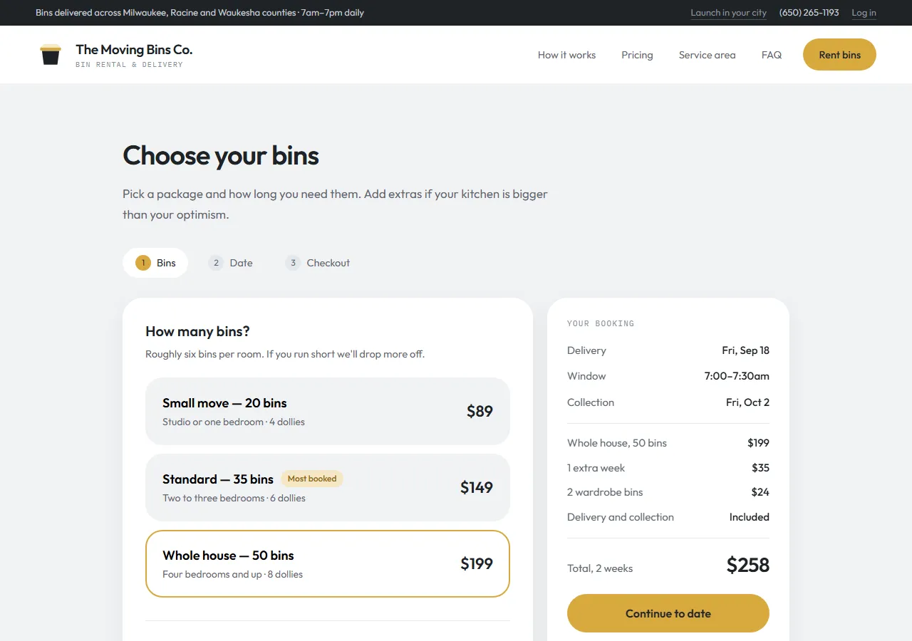 Booking step 1: package options, weeks, add-ons with steppers, and a summary with the running total
