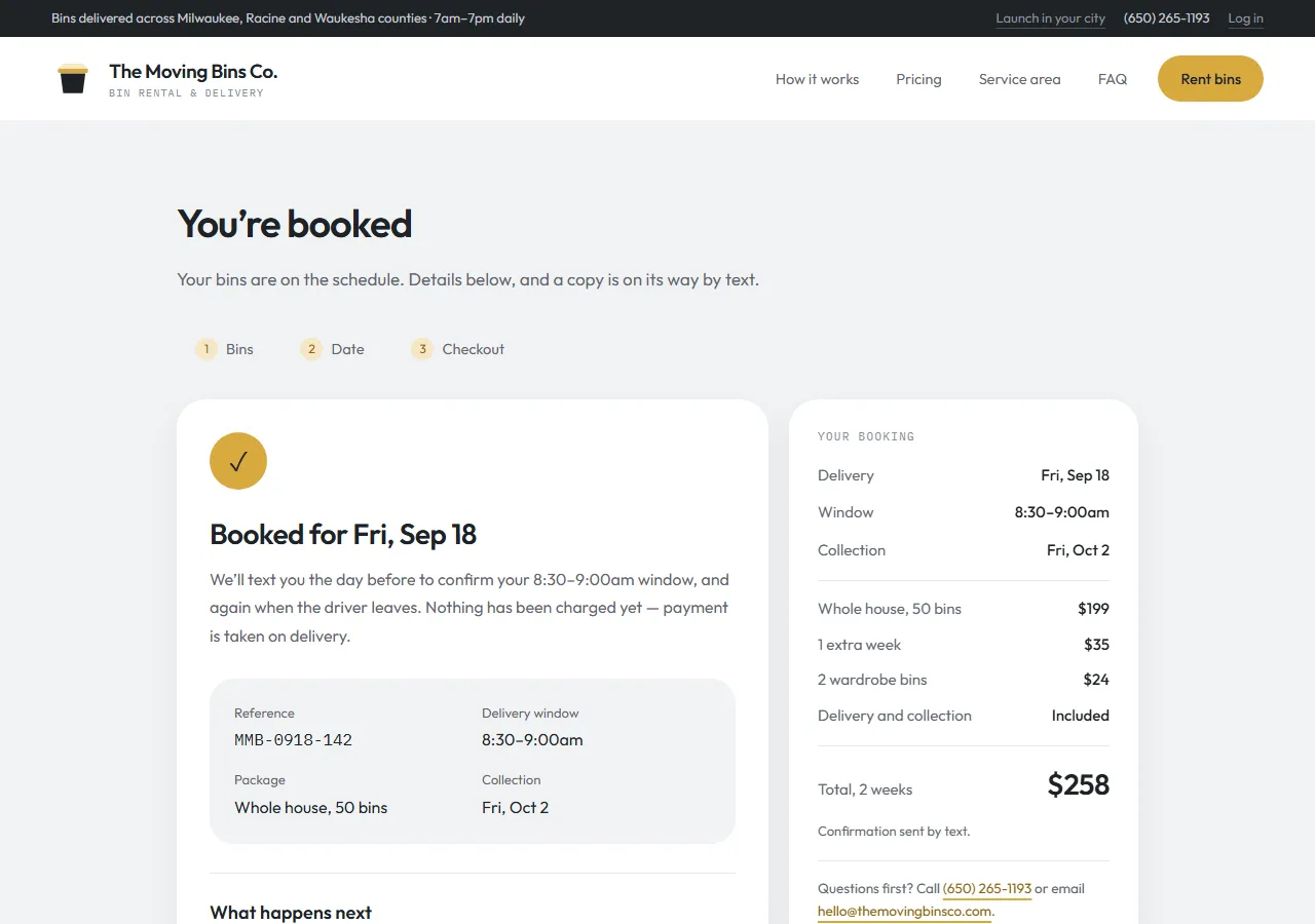 Booking confirmation: booked date, reference number, delivery window, package, collection date and next steps