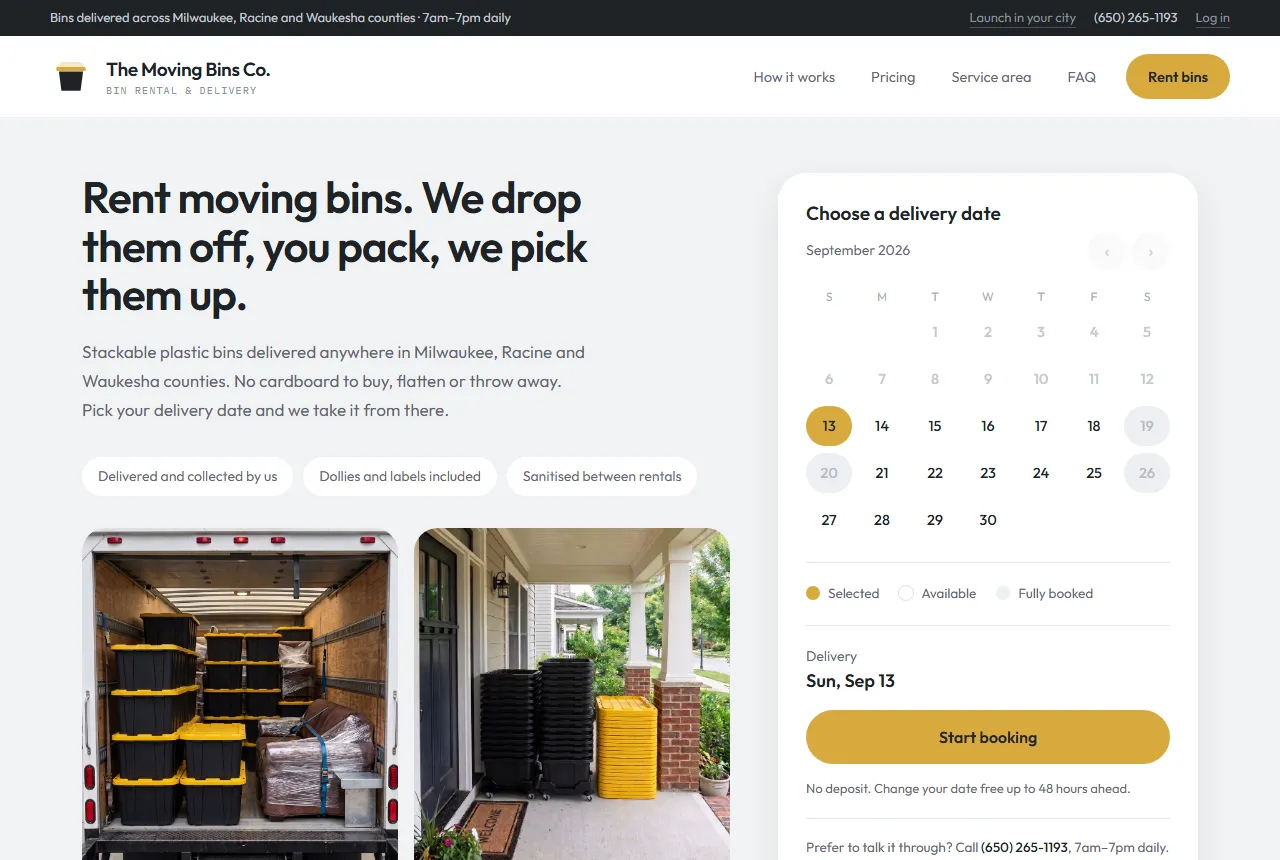 The home page: headline, photos and a delivery-date calendar with a Start booking button
