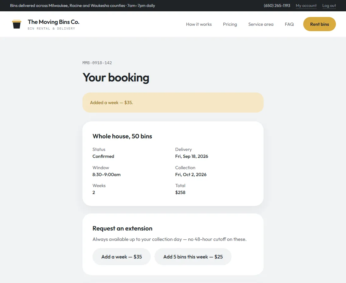 A customer's booking page: booking details, buttons to add a week or add bins, and a form to change or cancel