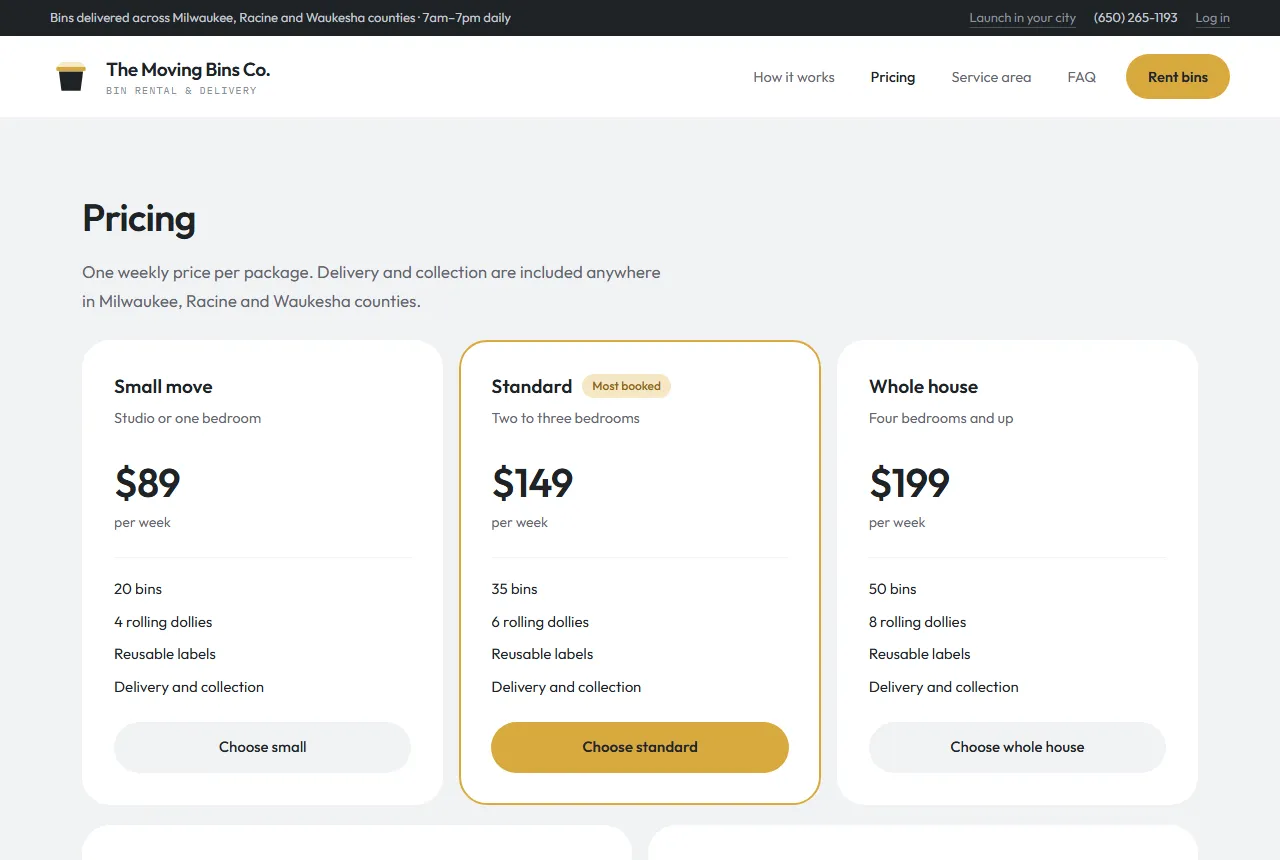 The pricing page: three package cards with prices and what's included